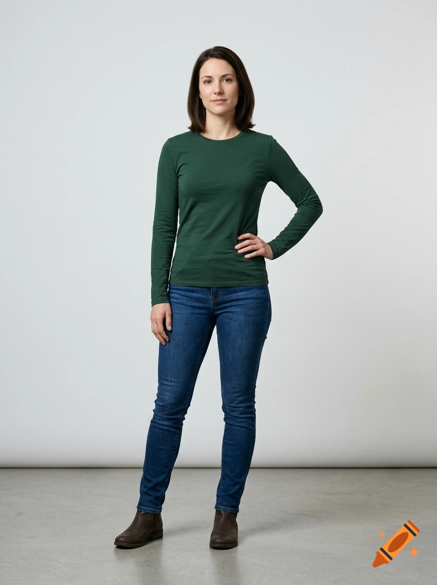 Full-body studio photograph of a woman standing with her hand on her hip, wearing a green long-sleeve shirt, blue jeans, and brown boots.