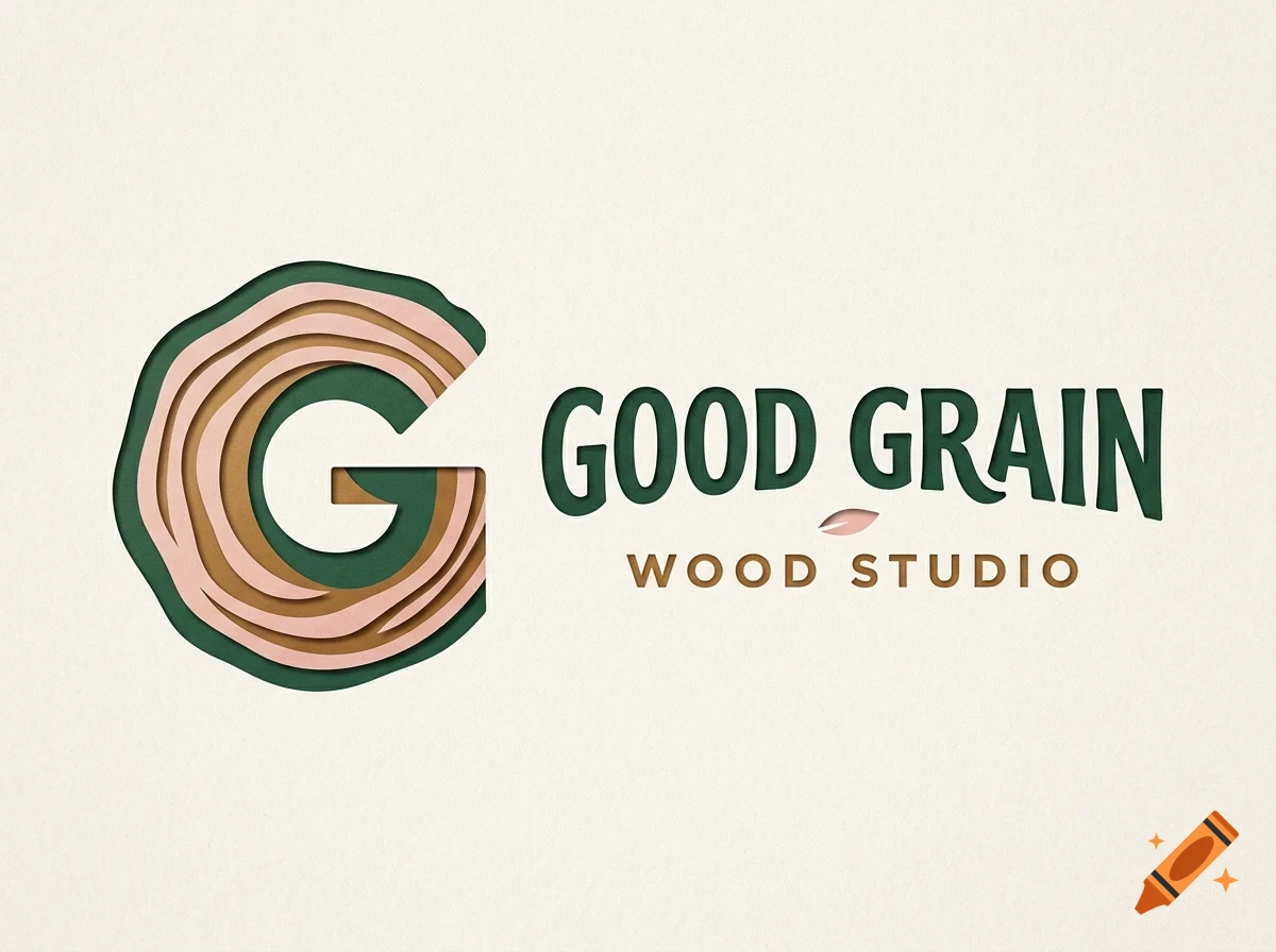 A logo for Good Grain Wood Studio featuring a stylized letter G resembling a tree cross-section with rings, alongside green and brown lettering.