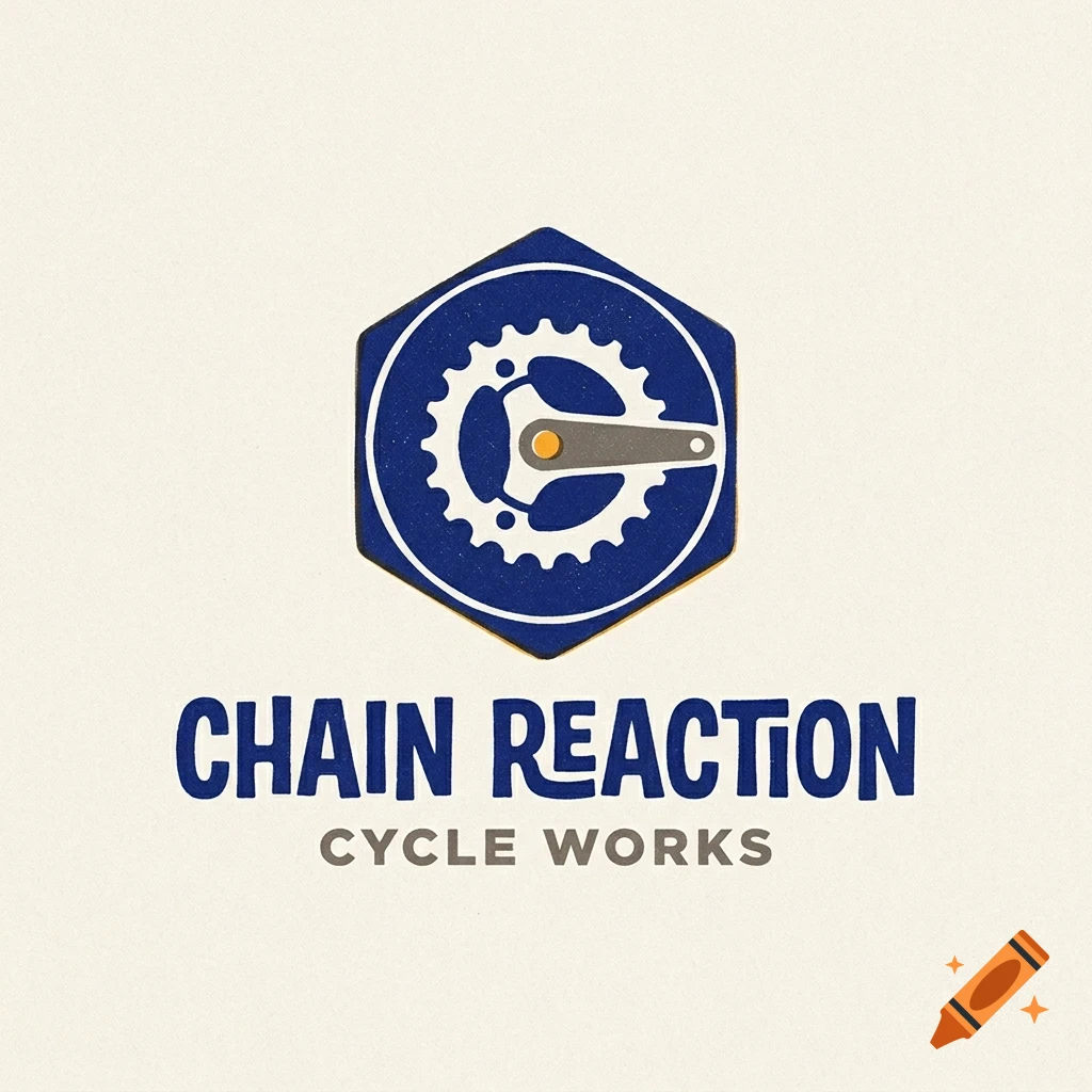 A logo featuring a blue hexagon containing a white bicycle chainring and crankarm, with the text CHAIN REACTION CYCLE WORKS below.
