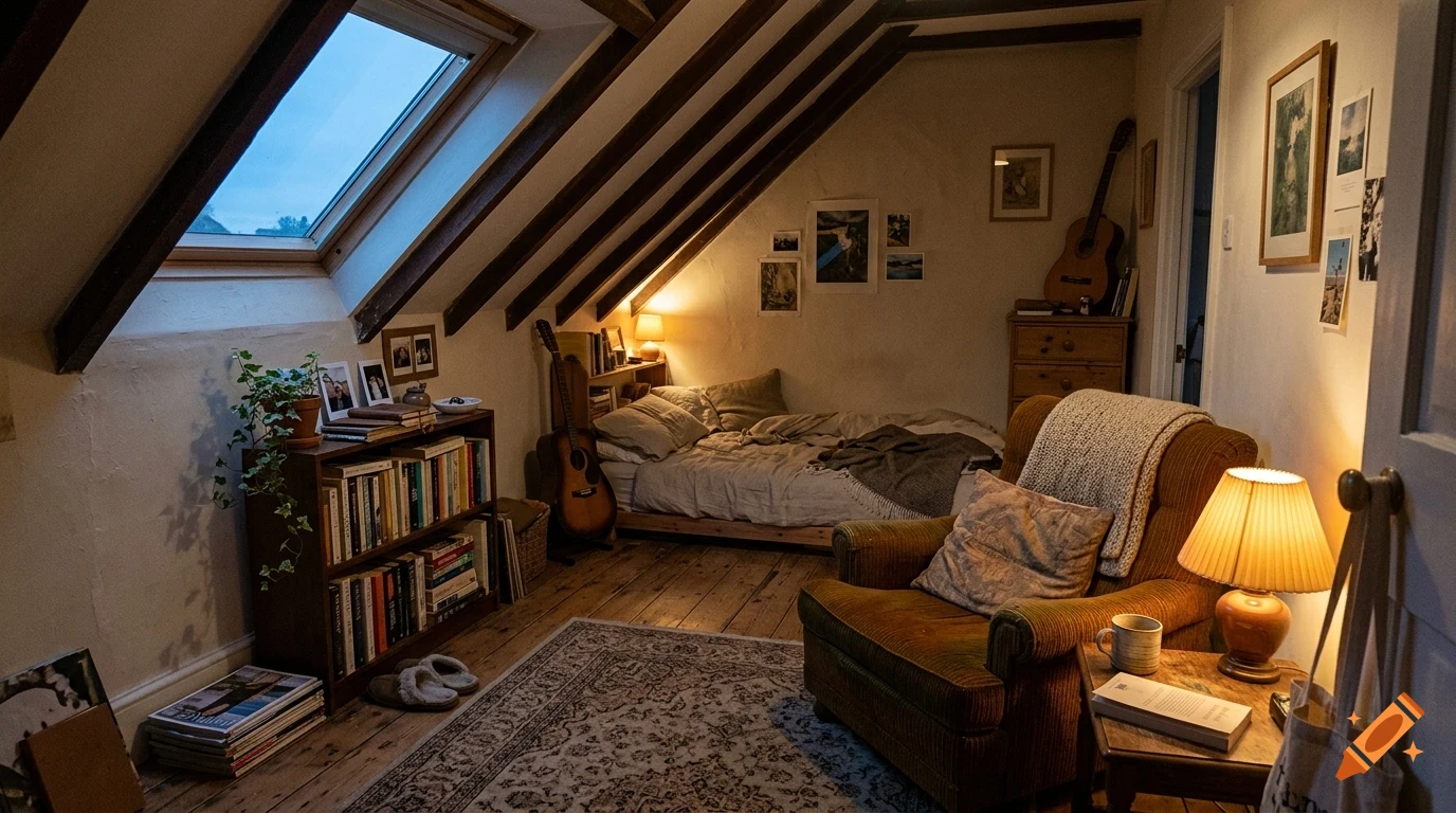 A cozy attic bedroom with a sloped ceiling, skylight, a low bed, bookshelves, an armchair, and warm lighting.