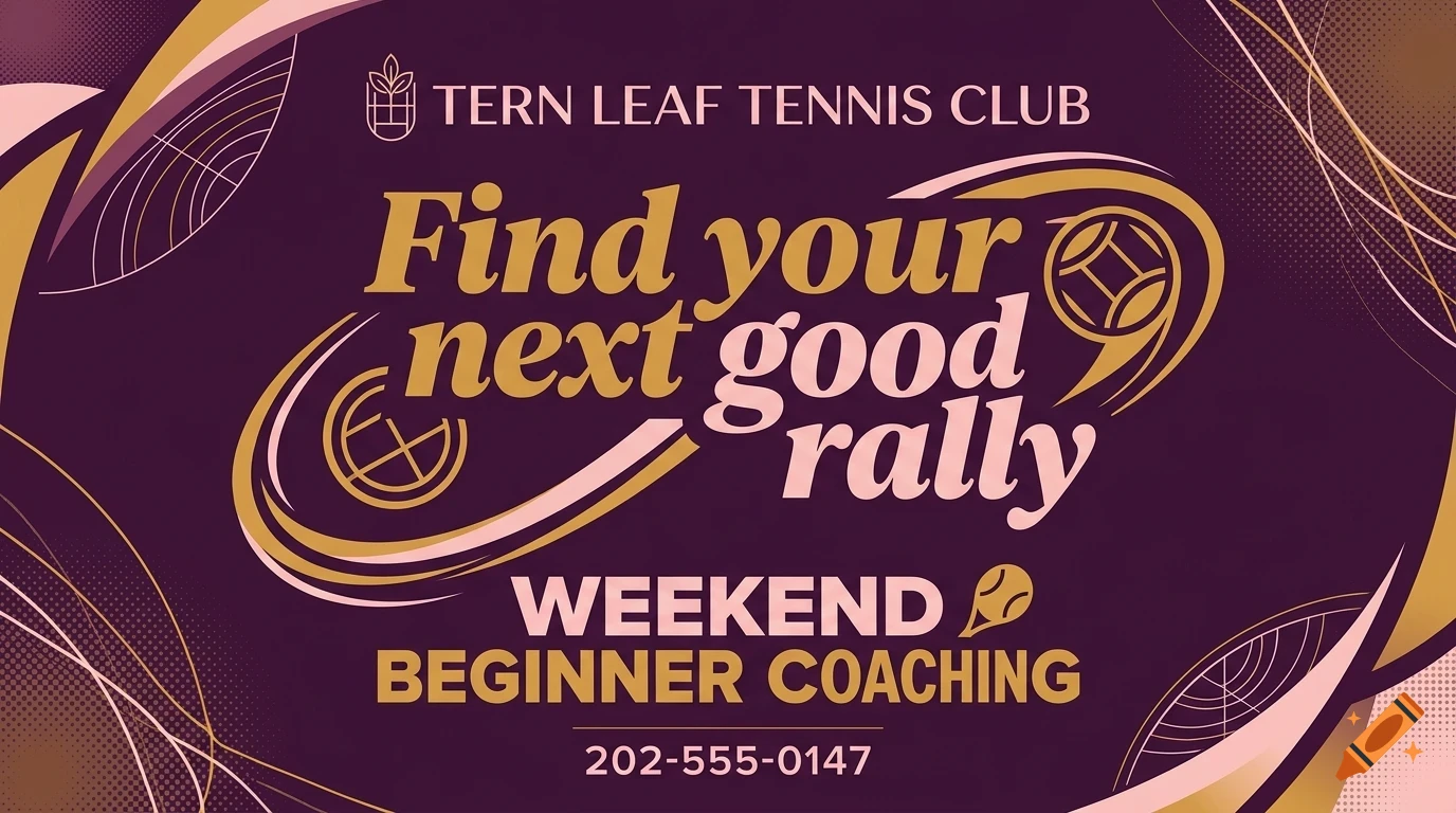 A promotional design for Tern Leaf Tennis Club featuring the text Find your next good rally and Weekend beginner coaching in gold and pink on a dark plum background.