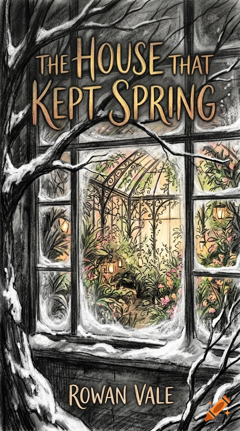 An illustrated book cover showing a snowy window looking into a warm greenhouse filled with plants and glowing lanterns, with bare winter trees framing the scene.