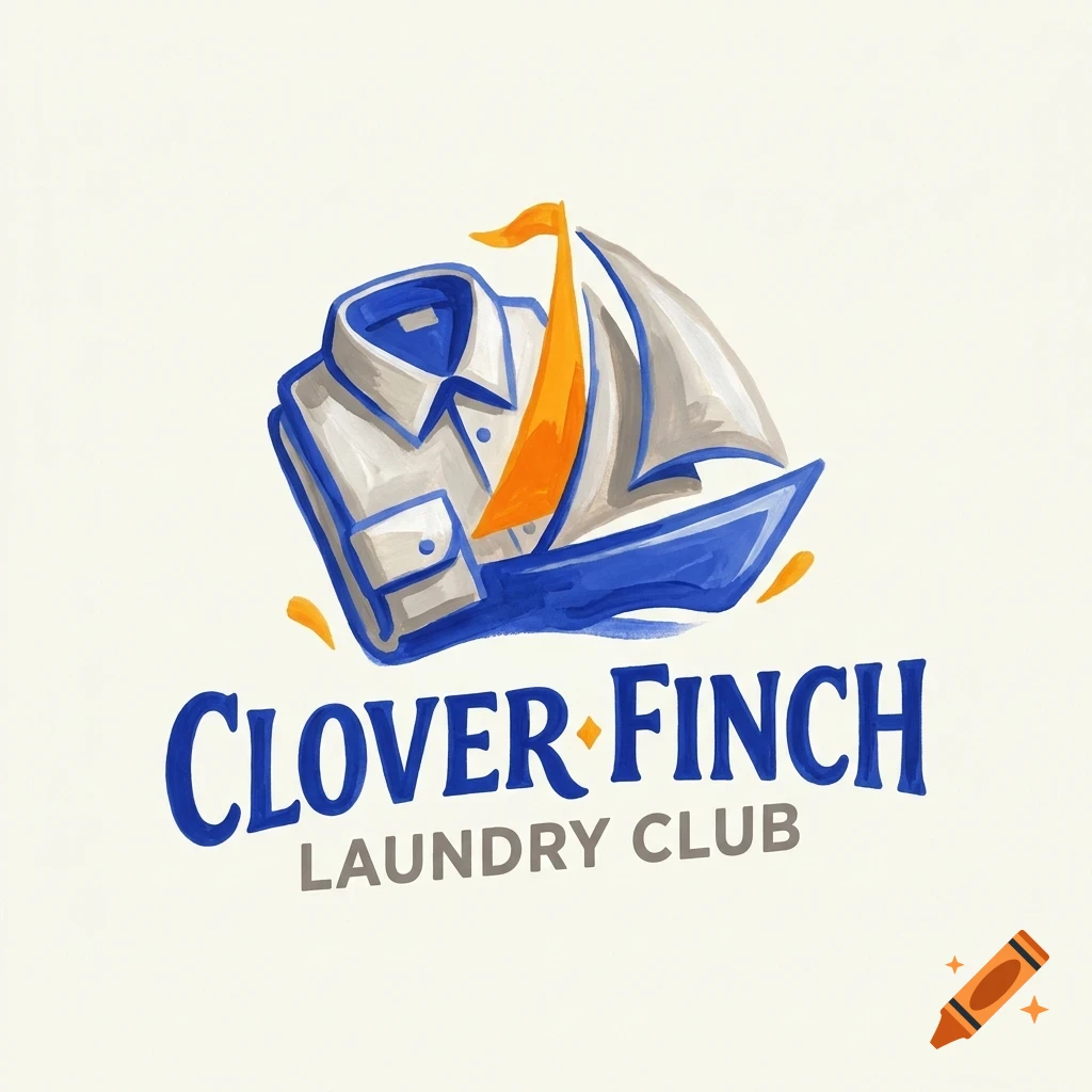 A logo featuring a stylized shirt shaped like a sailboat, with the text CLOVER FINCH LAUNDRY CLUB below.