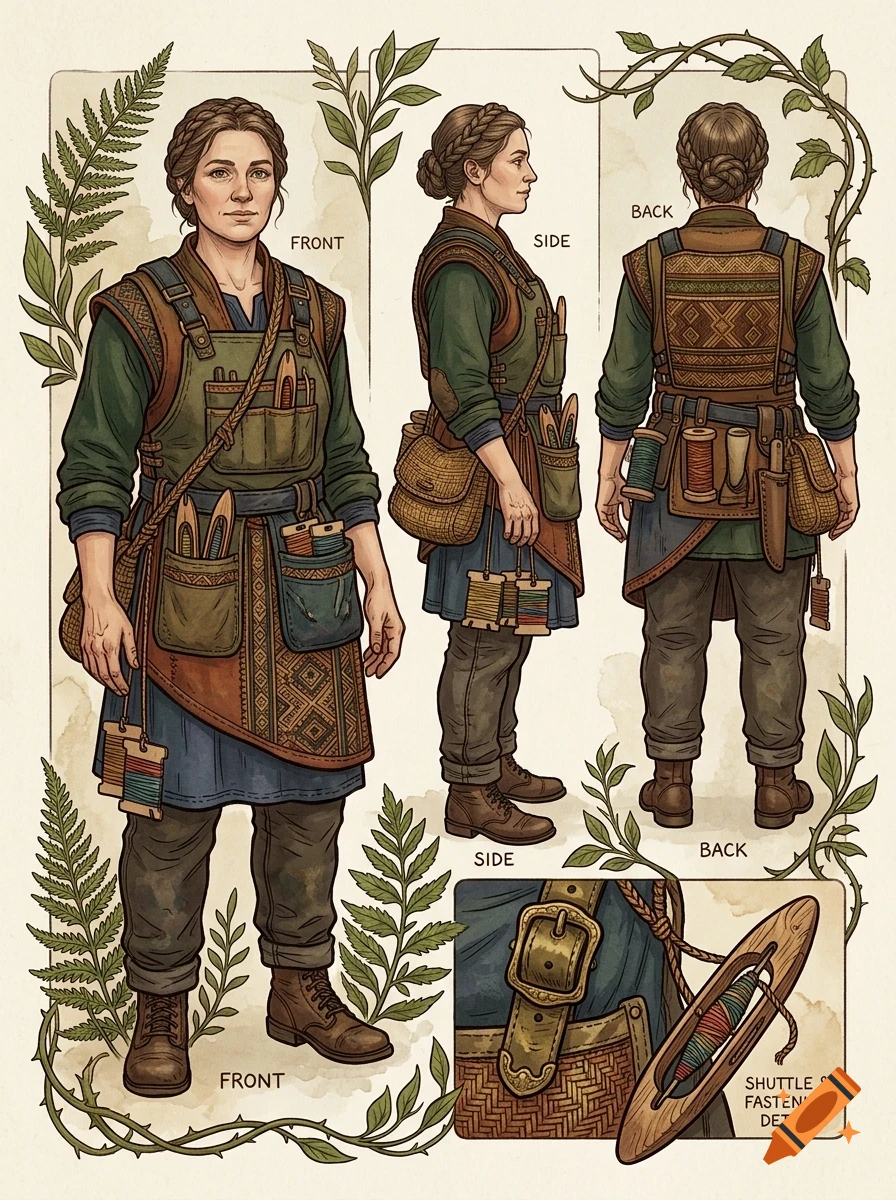 A character sheet showing front, side, and back views of a woman in medieval-style work clothing with tool pouches, accompanied by botanical illustrations.