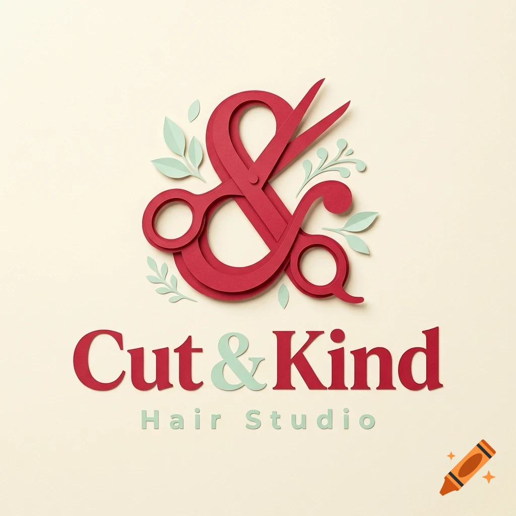 A logo design for 'Cut & Kind Hair Studio' featuring an ampersand shaped like scissors surrounded by papercut leaves.