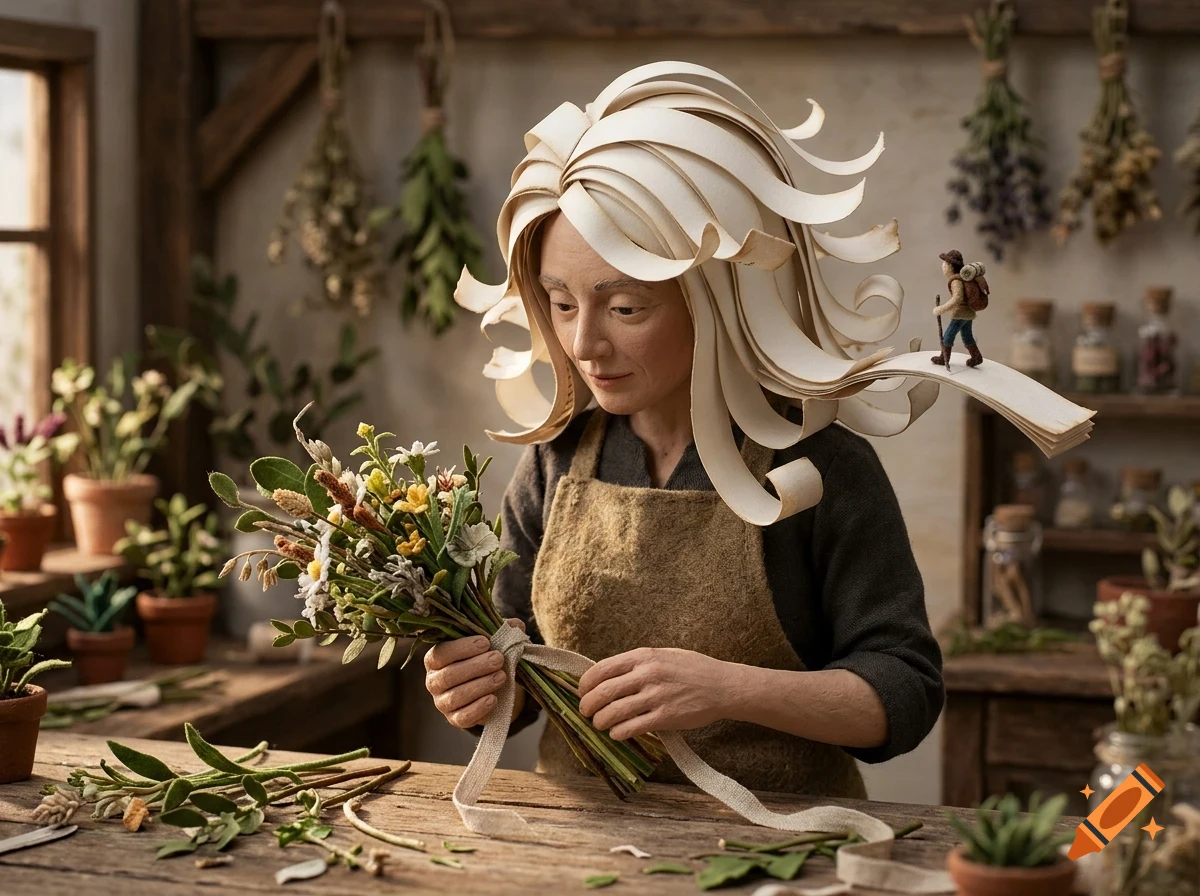 A woman with paper-like hair arranging a bouquet of flowers in a rustic shop, with a tiny hiker figure walking along a curl of her hair.