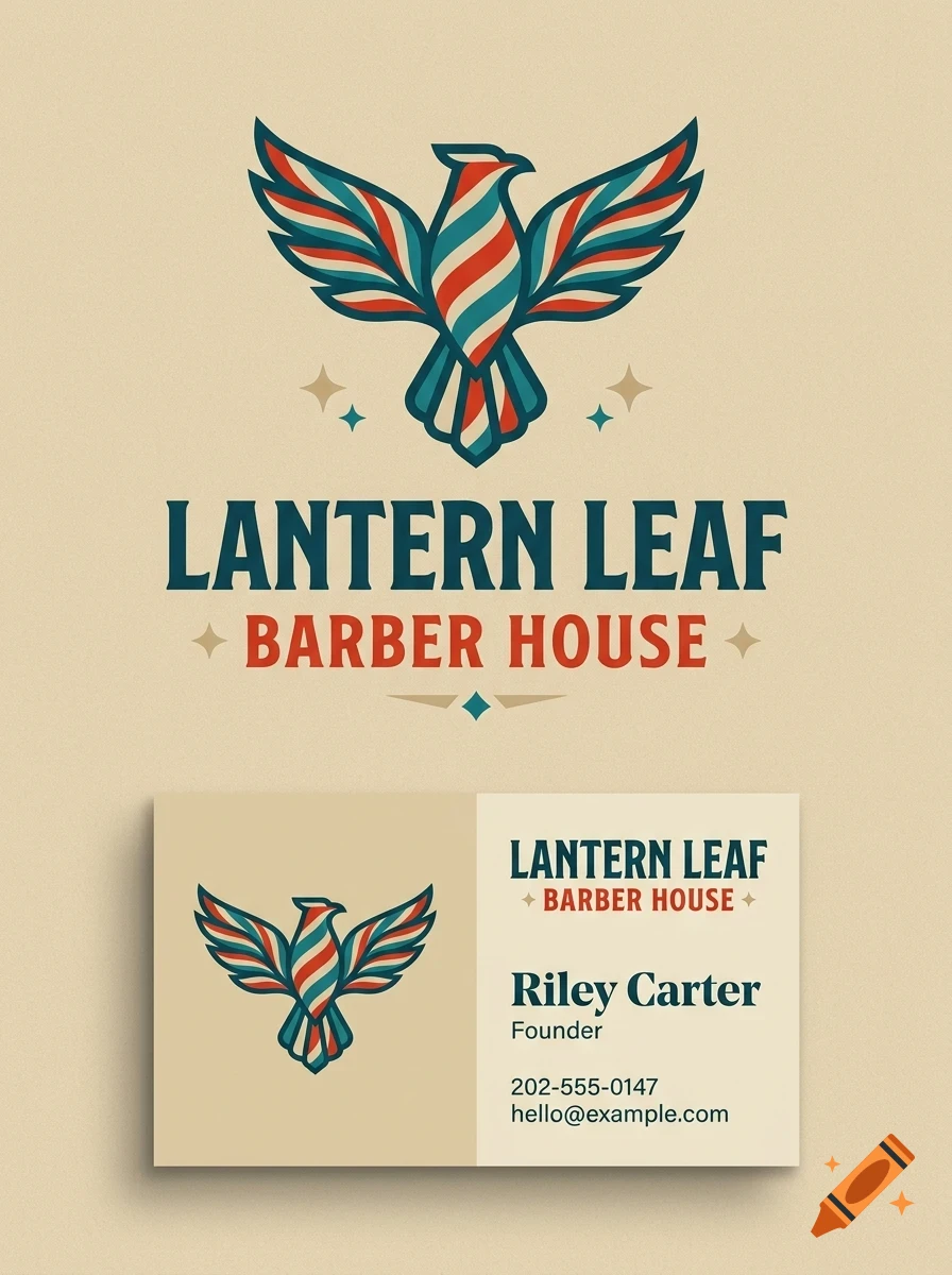 A vector logo and business card for Lantern Leaf Barber House featuring a red, white, and blue striped bird and text.
