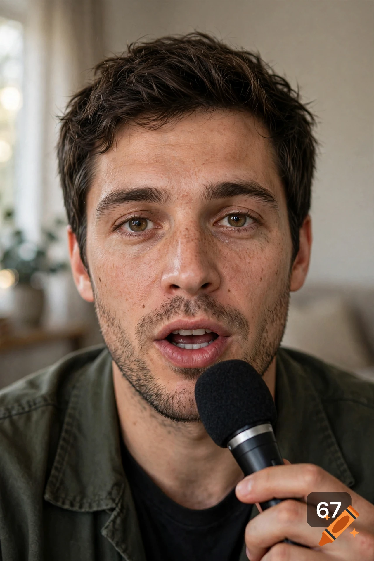 Close-up photorealistic portrait of a man speaking into a black microphone with the number 67 in the corner.