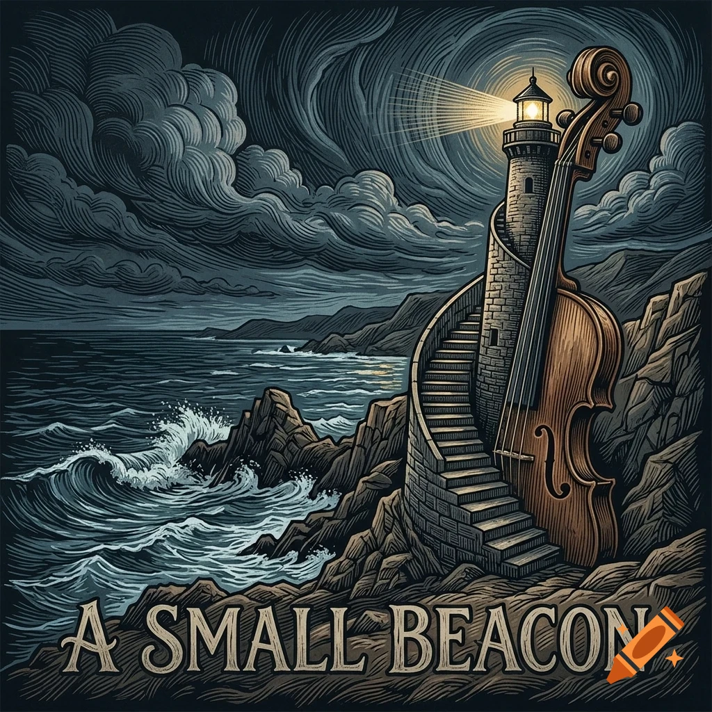 An illustrated book cover featuring a lighthouse combined with a cello on a rocky coast under a dark, stormy sky, with text reading A SMALL BEACON.