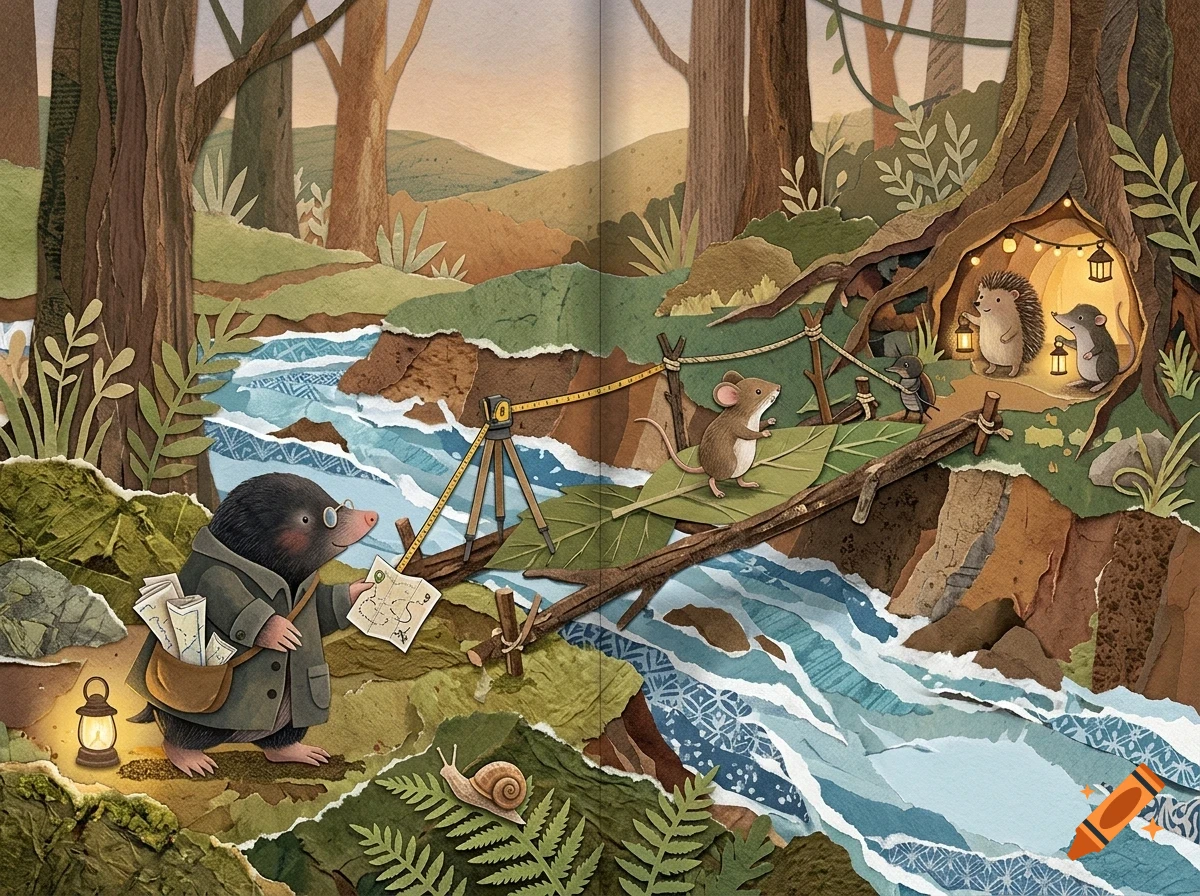 An illustrative forest scene featuring cute woodland animals such as a mole with maps, a mouse, a hedgehog, and a shrew near a stream and tree burrow.