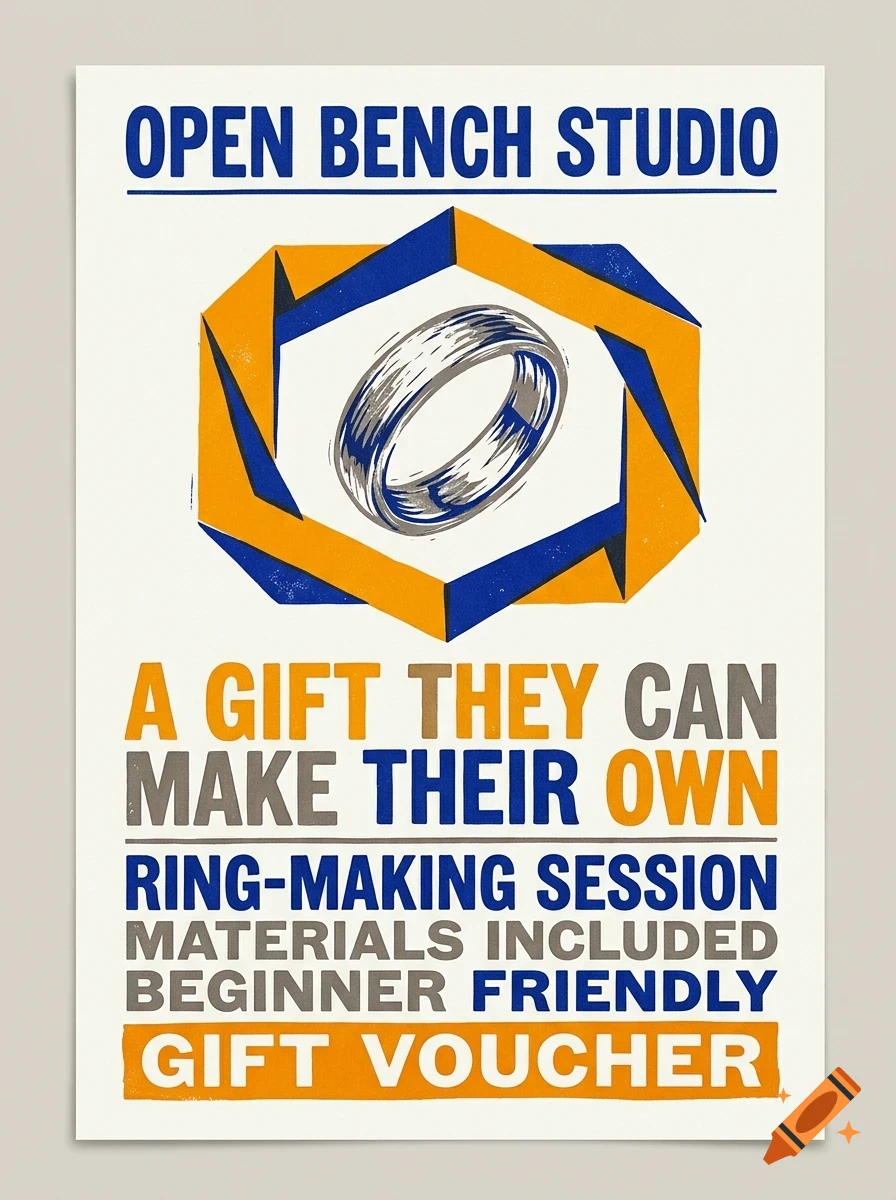 An informational poster for Open Bench Studio featuring a ring graphic and text advertising a ring-making session gift voucher.