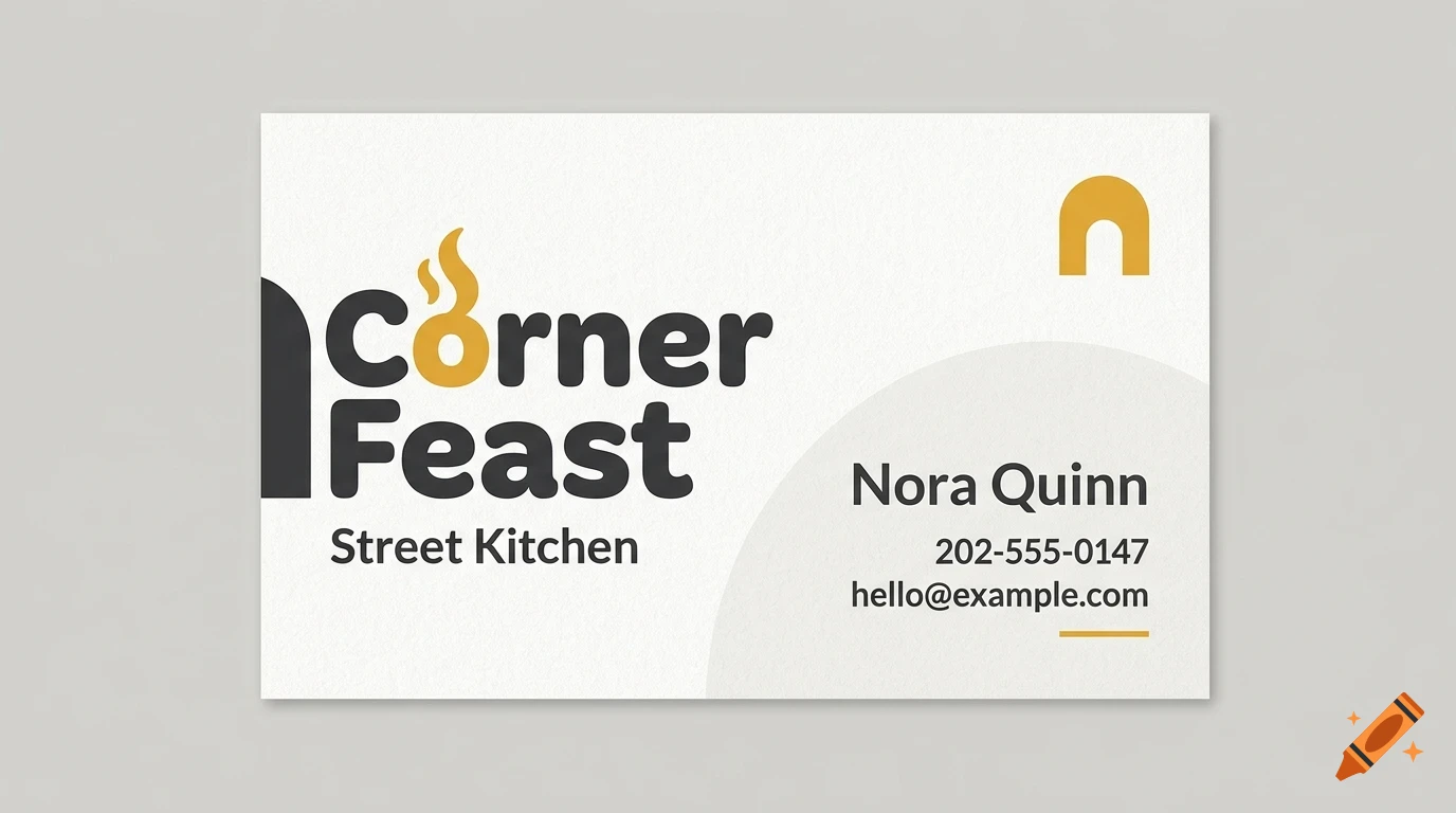 A business card design for Corner Feast Street Kitchen with name Nora Quinn and contact info.