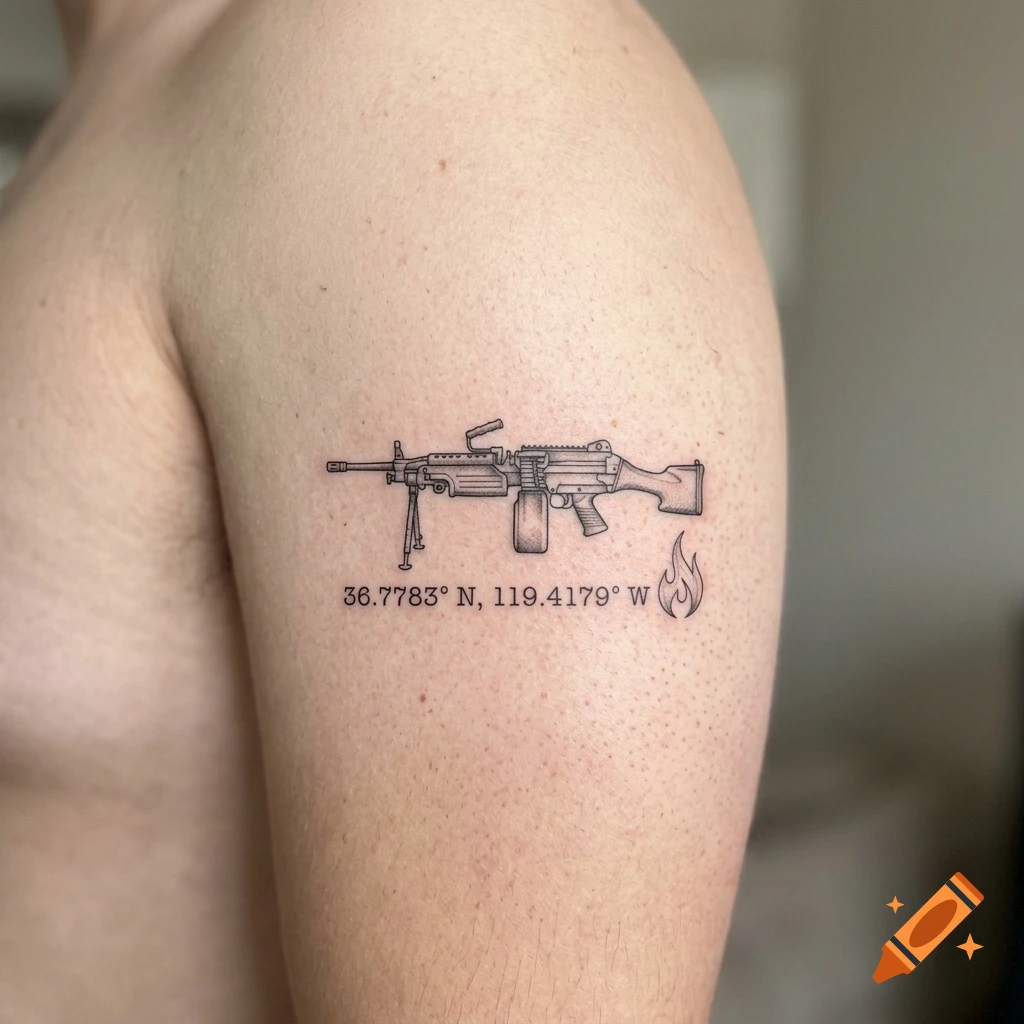 A fine-line black ink tattoo on a person's shoulder depicting an M249 SAW machine gun, coordinates, and a small flame.