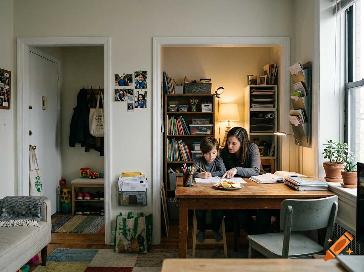 A woman helping a young boy with his homework at a wooden table in a brightly lit room.