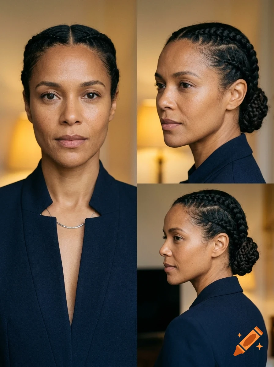 A multi-angle photo of a woman with braided hair wearing a dark blue blazer.