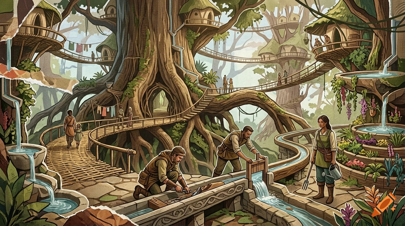 An illustrated fantasy village built among giant trees with winding bridges, waterways, and people working and walking.