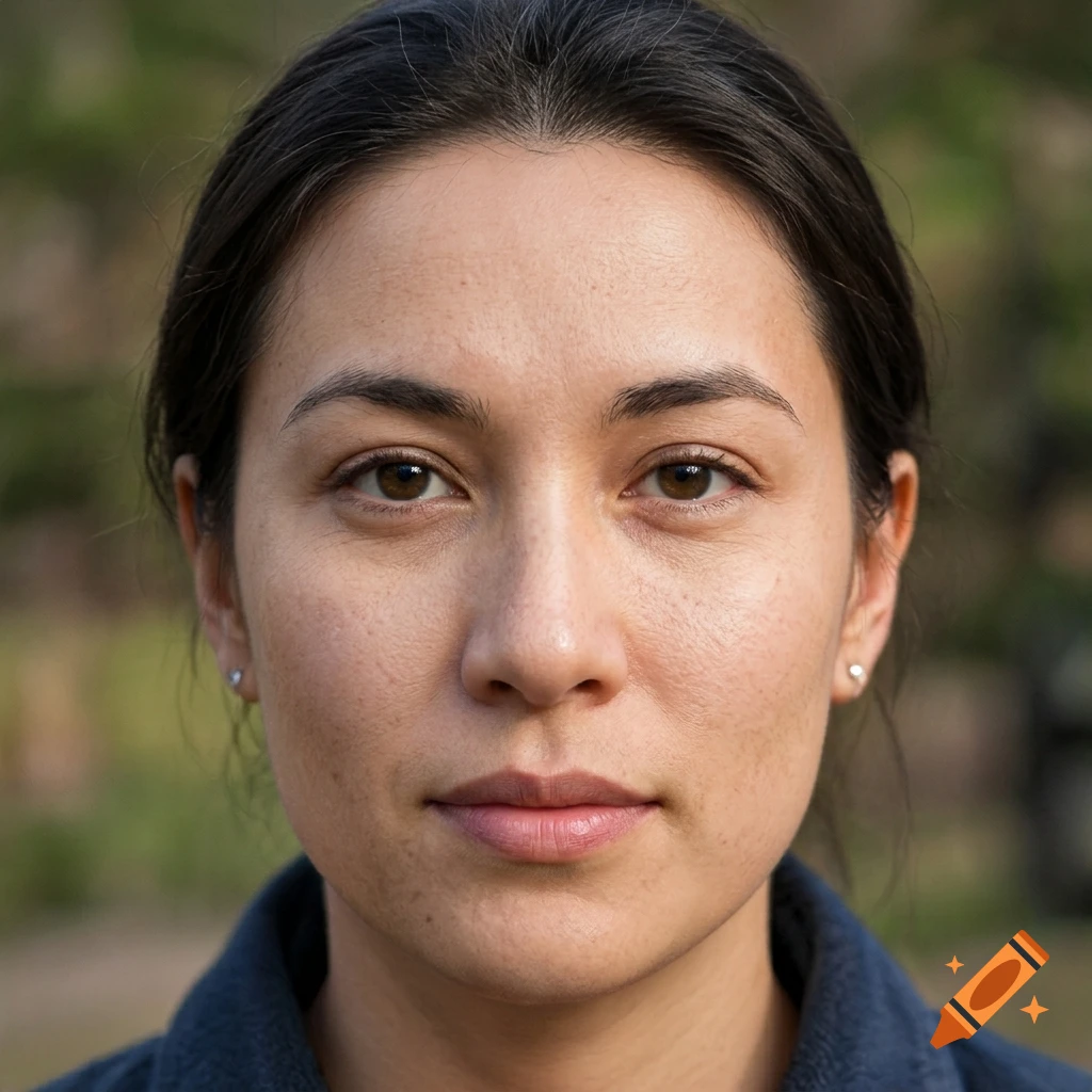 Close-up photorealistic portrait of a woman with dark hair and brown eyes facing the camera.
