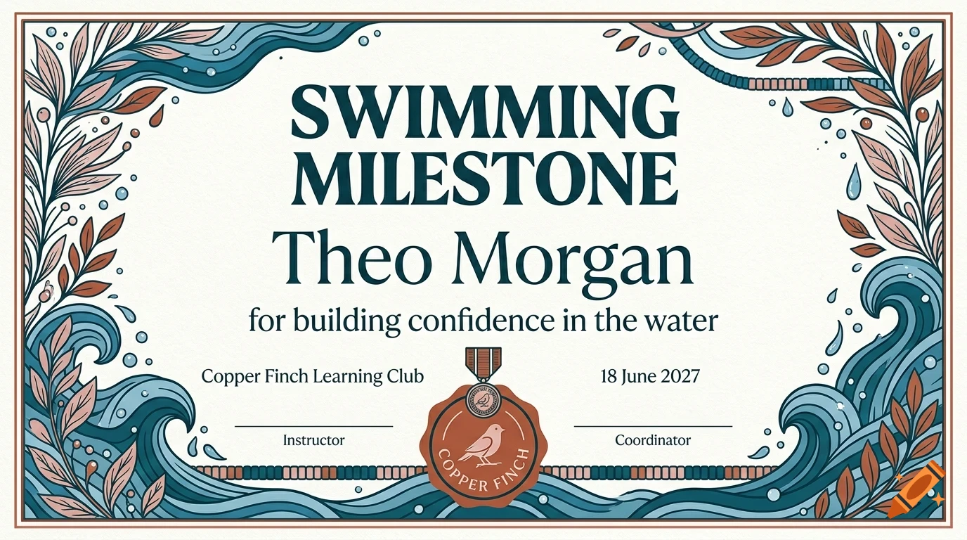 A swimming milestone certificate with decorative blue waves and foliage border.