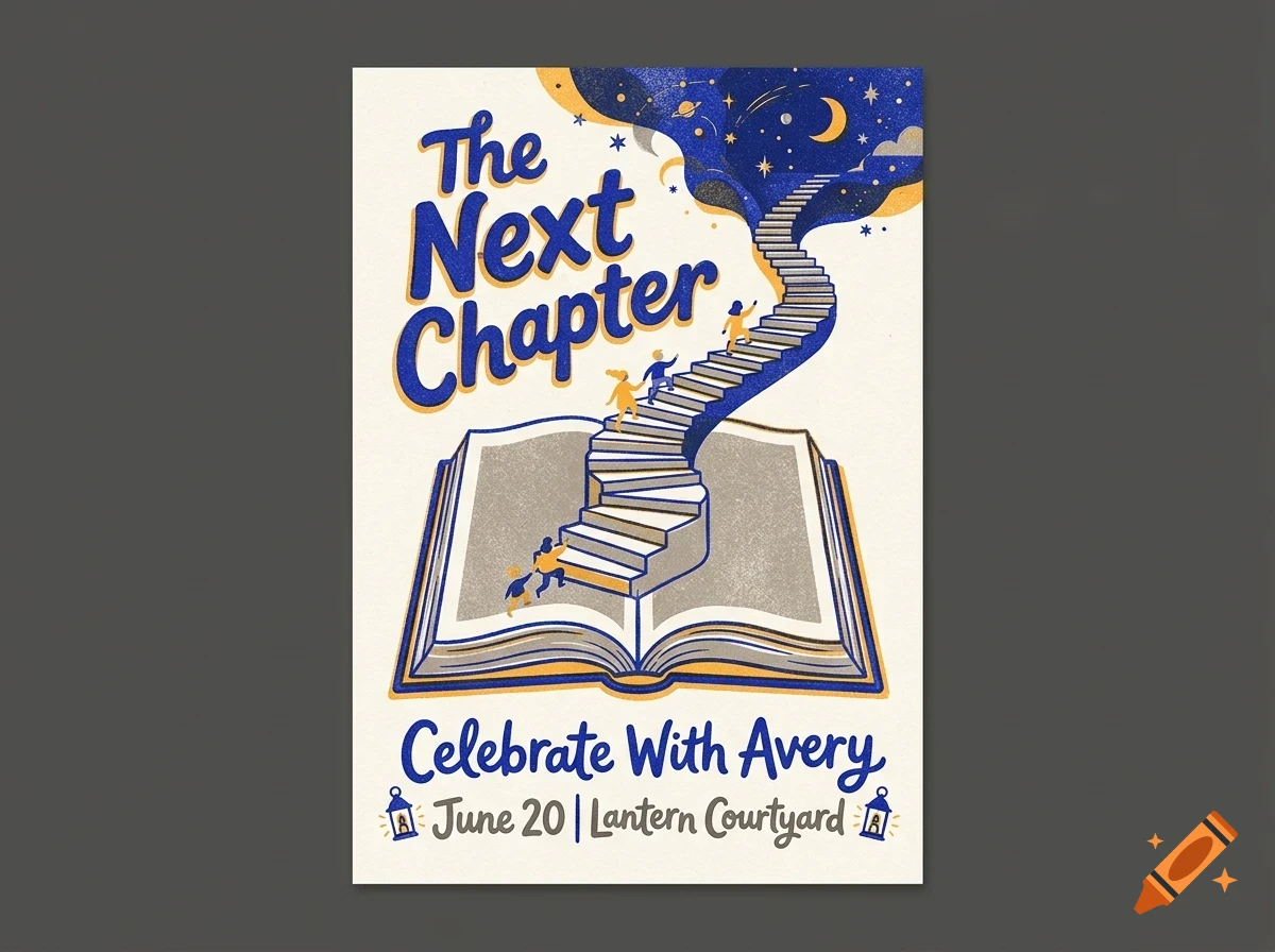 An illustrated poster featuring an open book with stairs winding up into a starry night sky, accompanied by text that reads The Next Chapter and Celebrate With Avery.