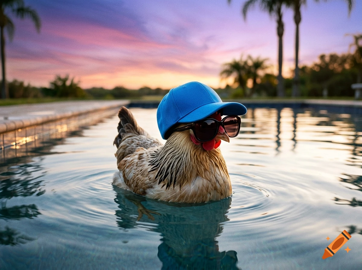 Photorealistic image of a chicken wearing a blue baseball cap and sunglasses floating in a swimming pool during a sunset.