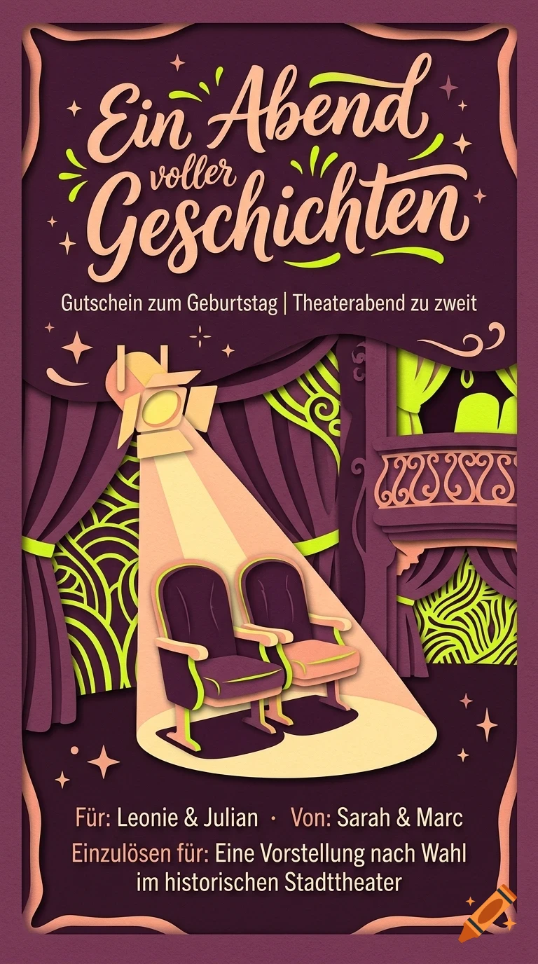 An illustrated voucher card with German text, featuring theater seats under a spotlight and stage curtains in purple tones.
