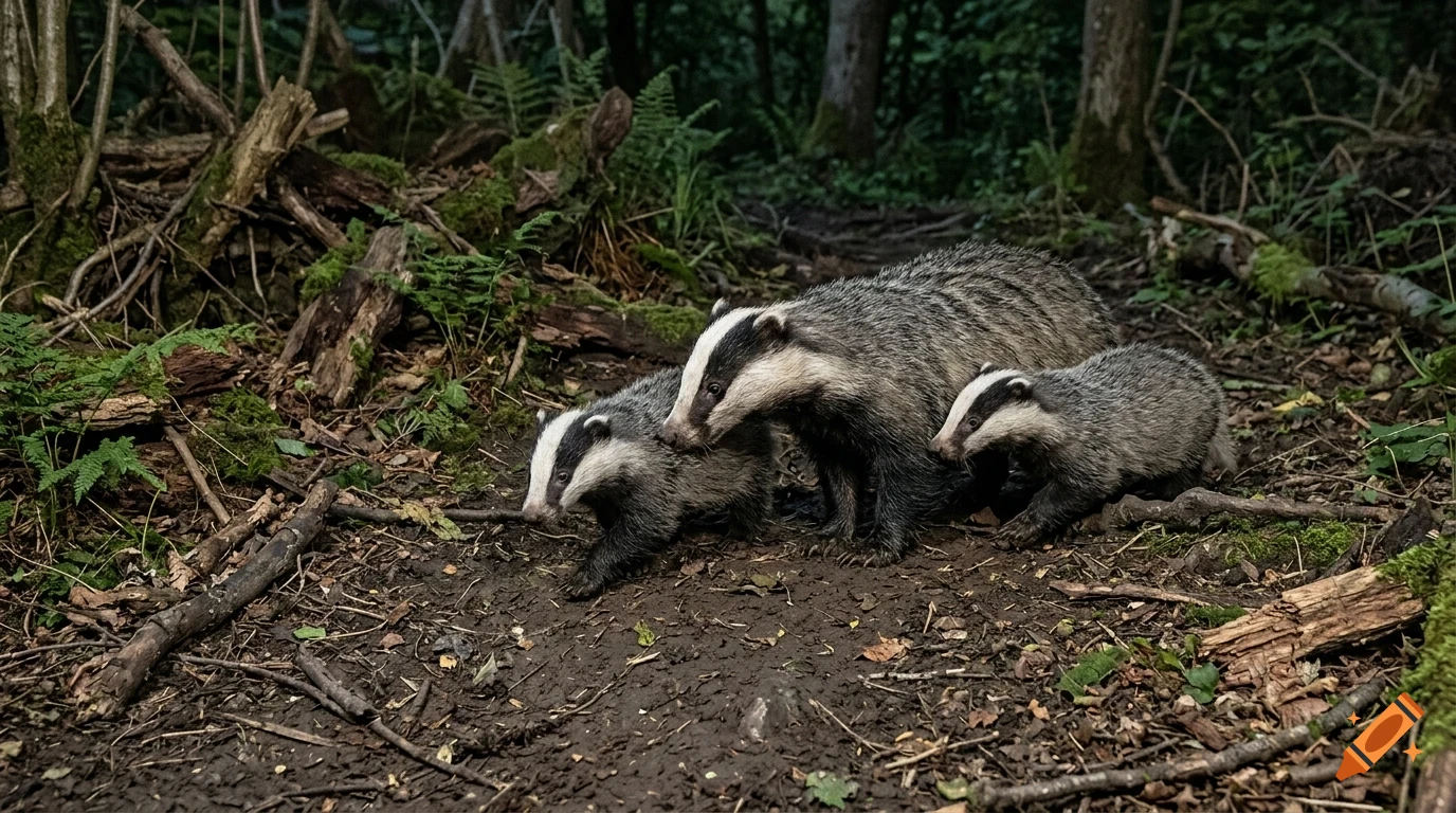 A photograph of three badgers walking along a forest path amidst roots and foliage.