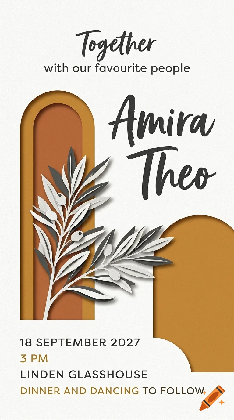 An elegant wedding invitation card with botanical leaf illustrations, geometric arch shapes, and typography reading Amira and Theo.