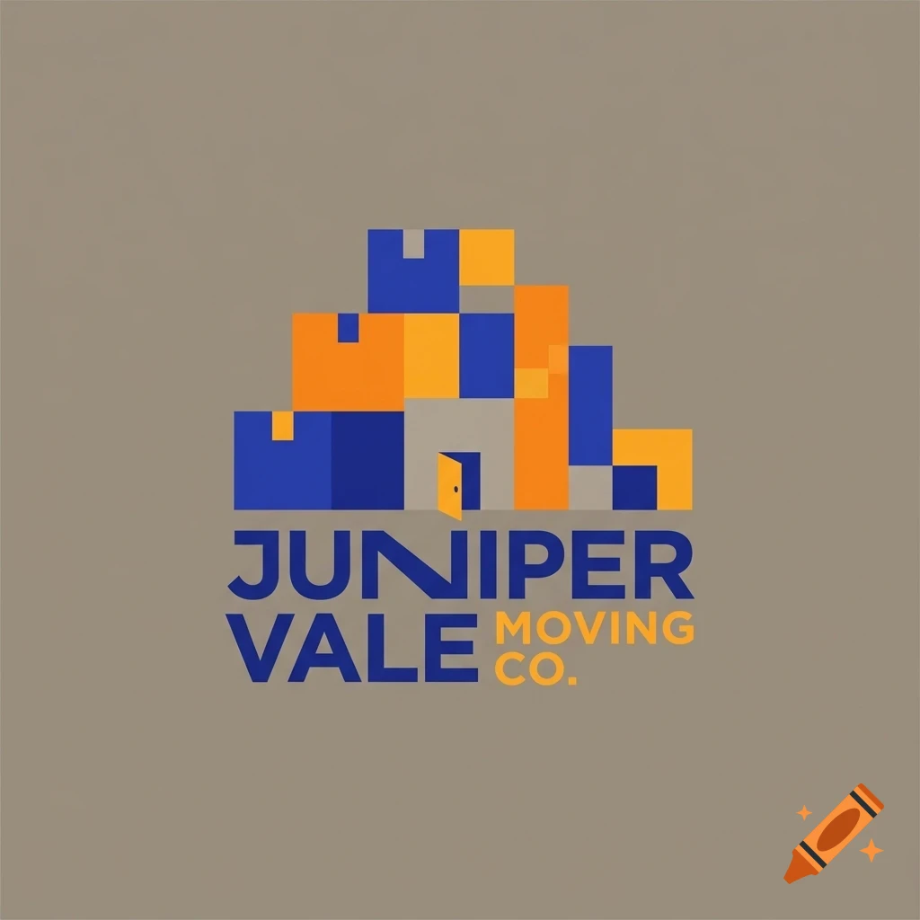 A logo for Juniper Vale Moving Co featuring stacked blue, orange, and grey boxes forming a shape with a small door.
