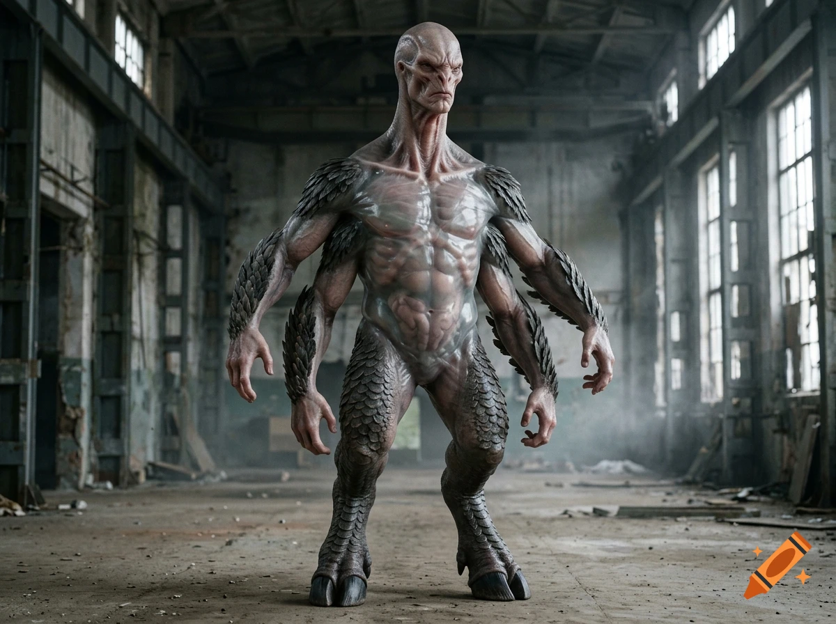 Photorealistic image of a tall humanoid monster with a translucent torso, four feathered arms, scaly legs, and hooves, standing in an industrial warehouse.