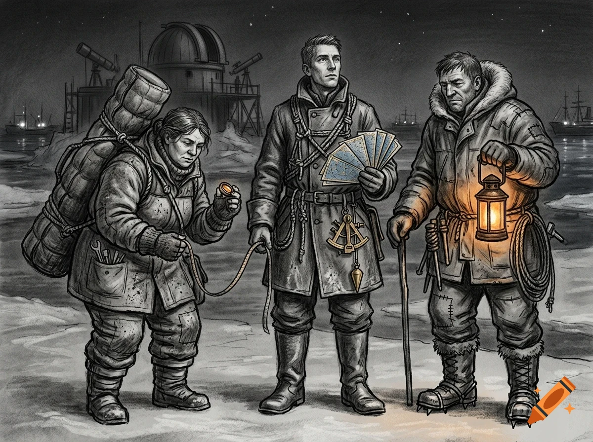 Monochrome illustration of three explorers in cold-weather gear outdoors at night, with a lit lantern, maps, and an observatory in the background.