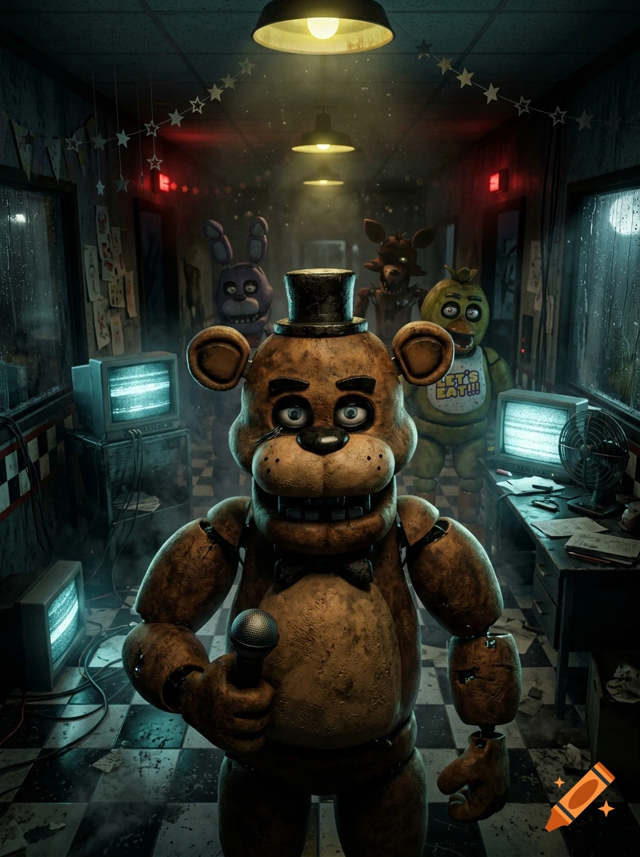 Photorealistic 3D render of Freddy Fazbear holding a microphone in a dark pizzeria hallway, with Bonnie, Foxy, and Chica in the background.