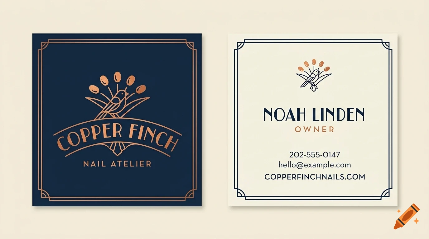 Two square business cards with branding for Copper Finch Nail Atelier, featuring a bird logo and contact information.
