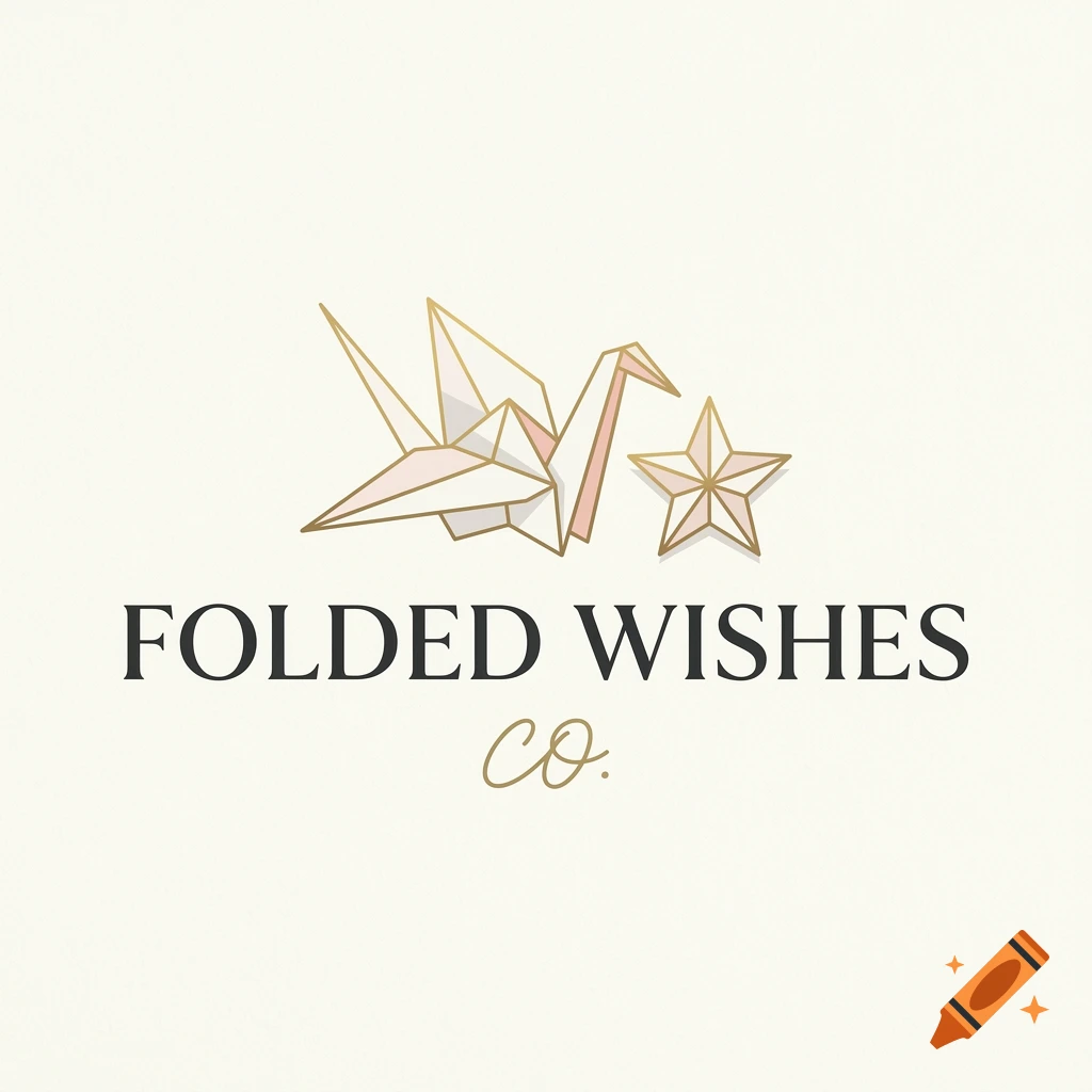 Minimalist logo for Folded Wishes Co. featuring an origami crane and a star in pastel tones.