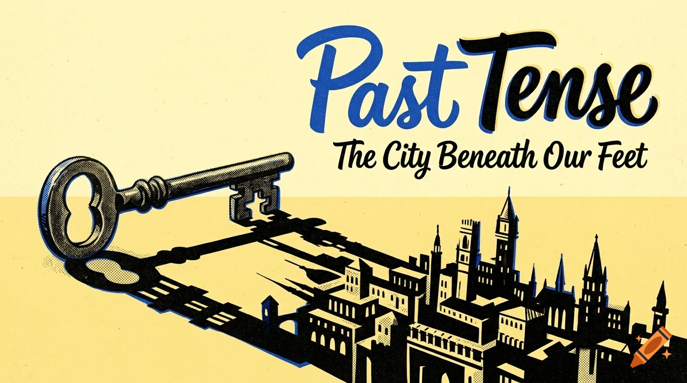An illustration of a large key casting a shadow shaped like a city skyline, with text reading Past Tense and The City Beneath Our Feet.