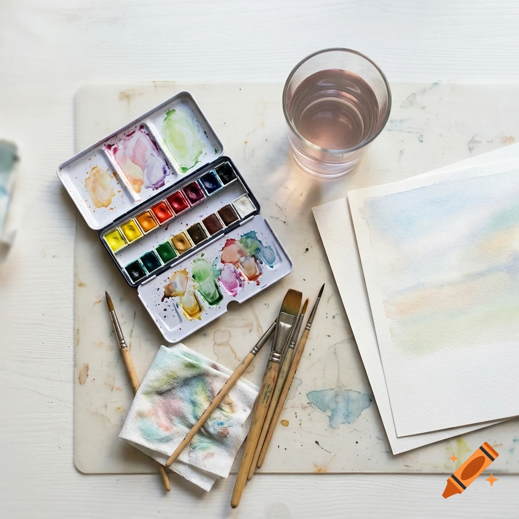 Overhead view of watercolor paint set, brushes, a glass of water, and paper on a white surface.
