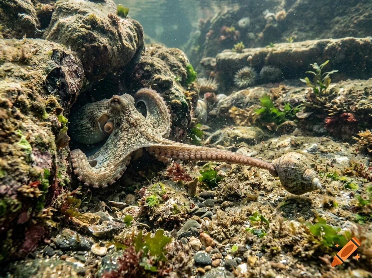 An octopus hiding in a rocky underwater crevice with its tentacle extended holding a shell.