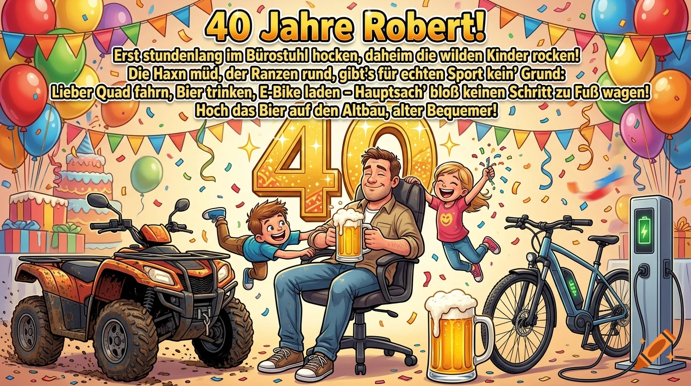 Comic-style birthday poster for Robert's 40th with a man holding a beer, children, a quad bike, and an e-bike, surrounded by balloons.