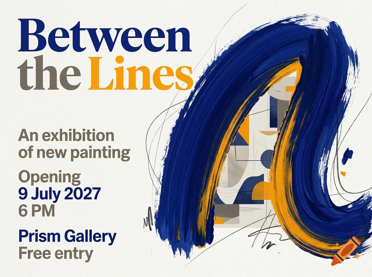 An art exhibition poster for Between the Lines at Prism Gallery, featuring bold blue and yellow brush strokes over abstract shapes and fine line drawings.