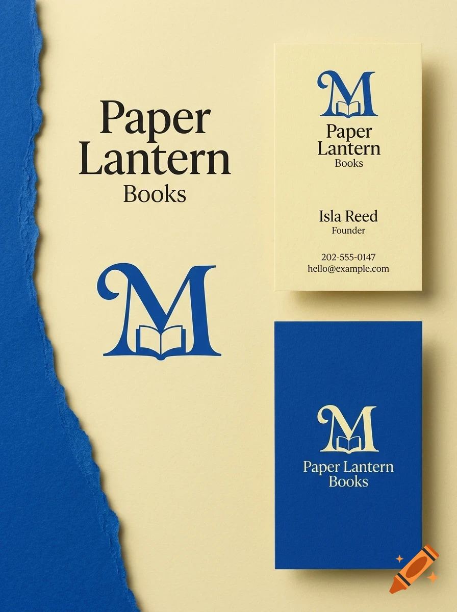 Branding mockup for Paper Lantern Books showing a logo, a blue letter M with an open book, and business cards on a yellow surface.