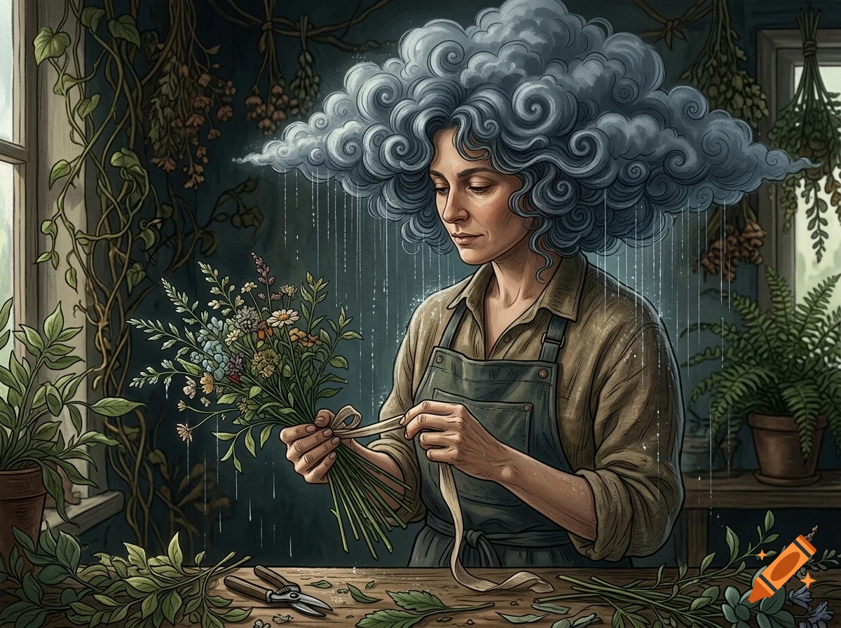 A person wearing a dark apron stands indoors tying a ribbon around a bouquet of wildflowers, with dark swirling cloud-like hair raining down drops.