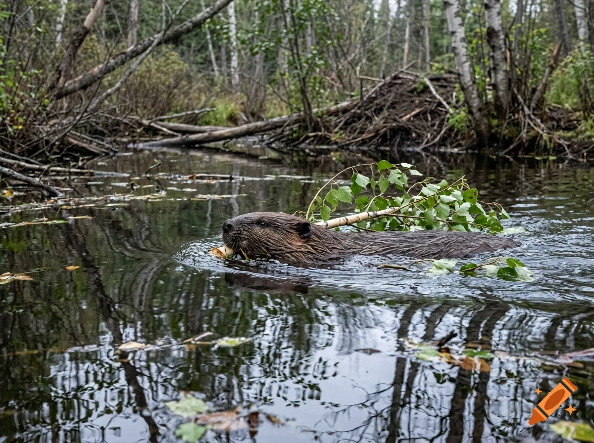 A beaver swims through a dark forest stream while carrying a branch with green leaves.