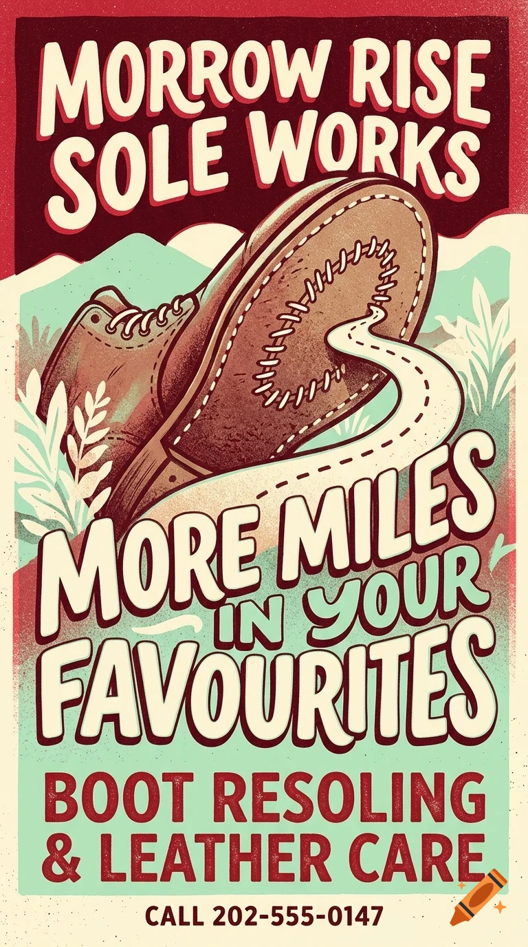 Vintage poster advertising boot resoling with a boot sole transforming into a road and bold lettering.