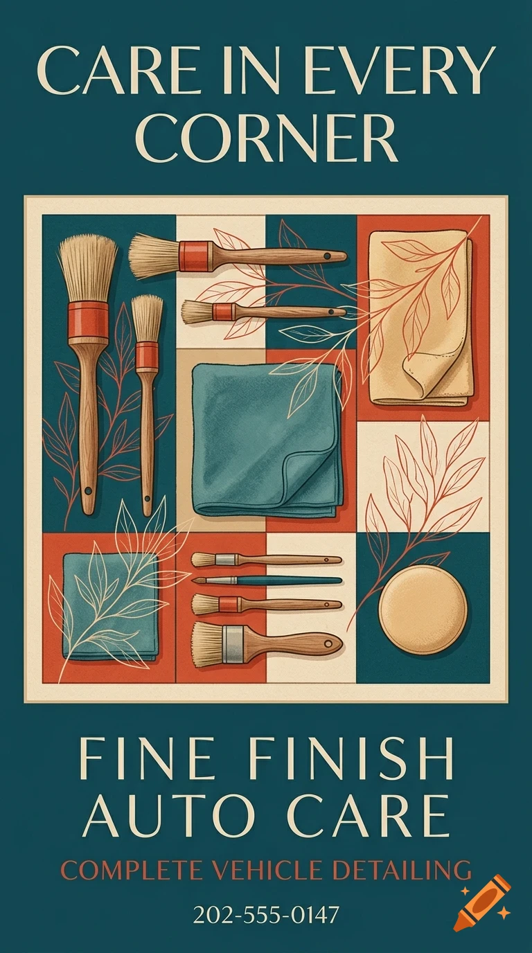 An advertisement for Fine Finish Auto Care featuring detailing brushes, cloths, and text on a dark blue background.