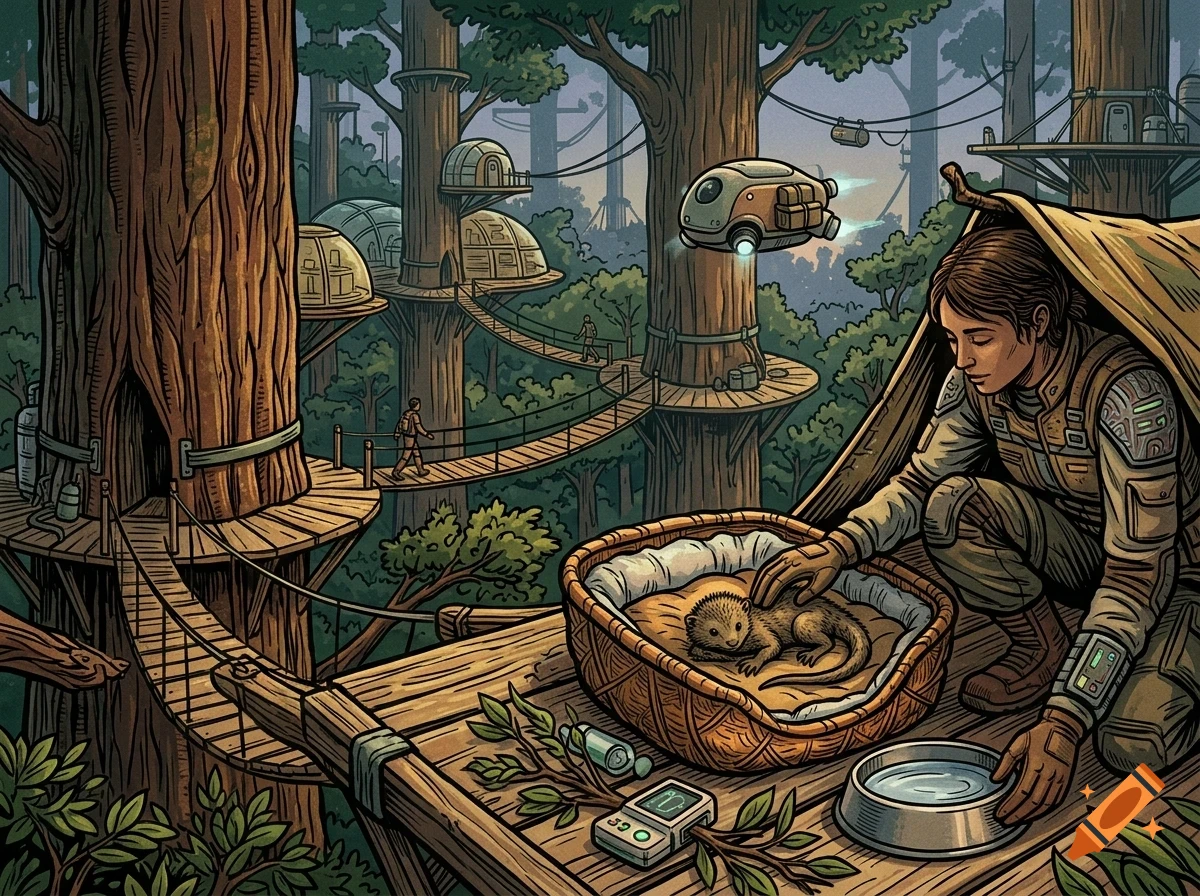 A person in futuristic gear cares for a small creature in a basket on a platform in a giant tree forest, with treehouses and a flying vehicle in the background.