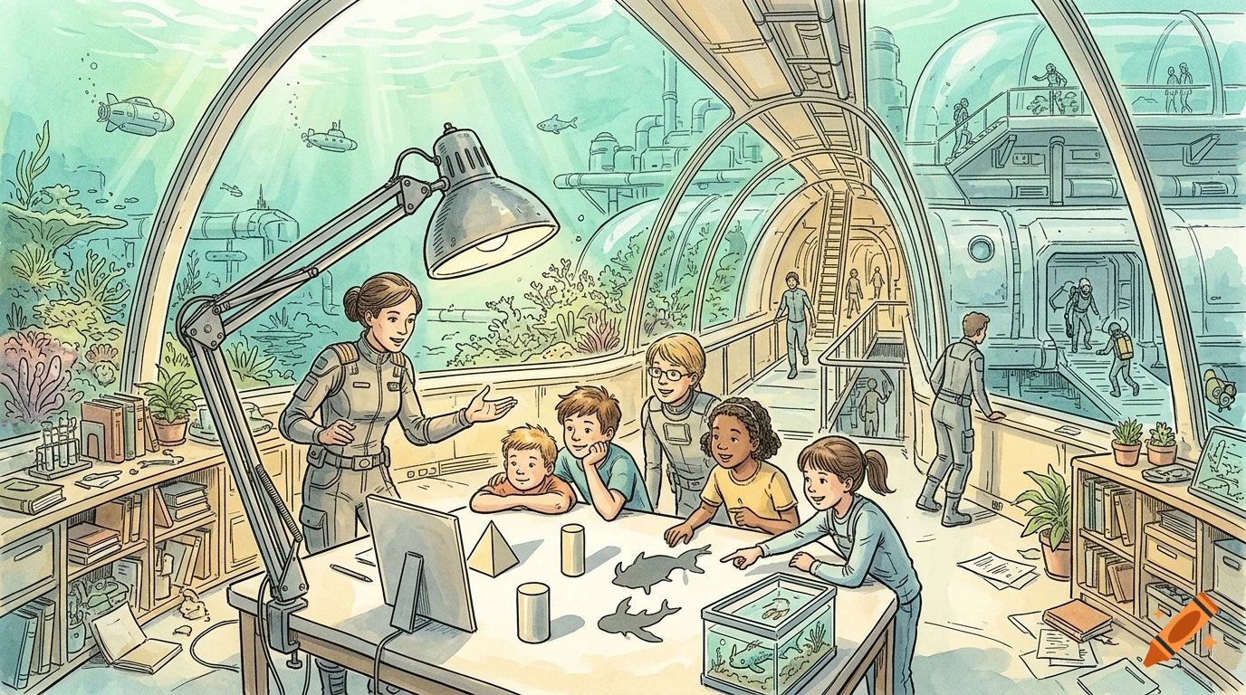 An underwater classroom scene with a teacher explaining shapes and marine life to a group of children.
