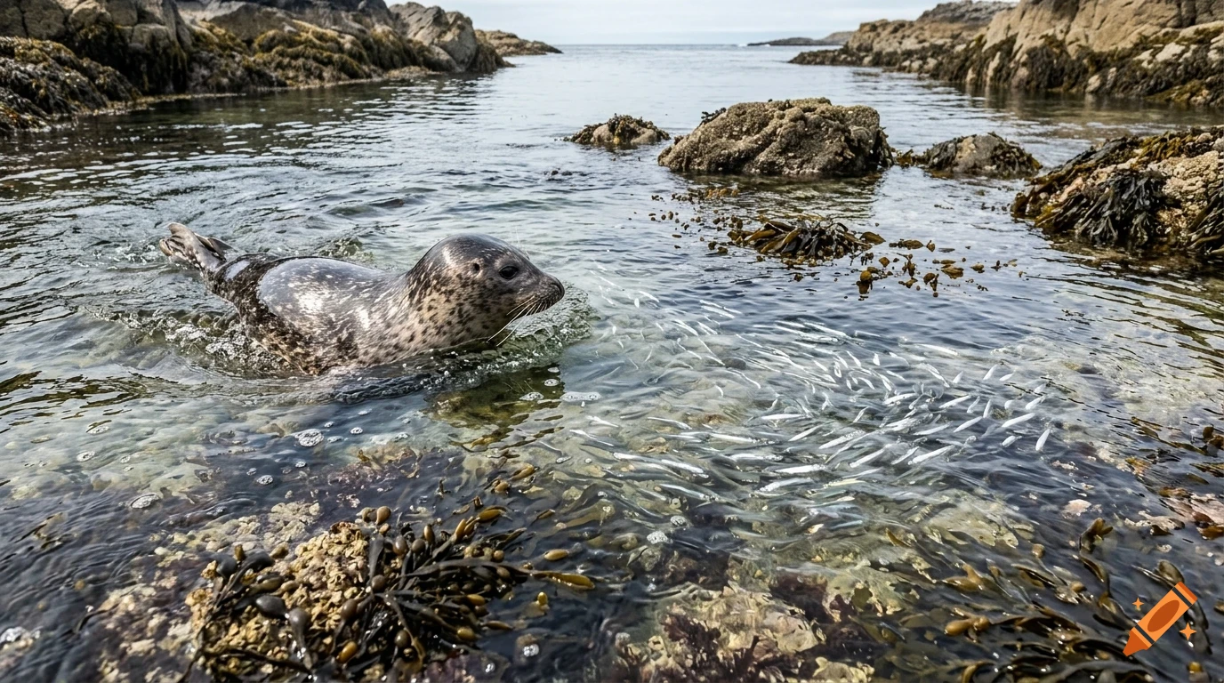 A seal swims through shallow rocky coastal waters among small fish and seaweed.