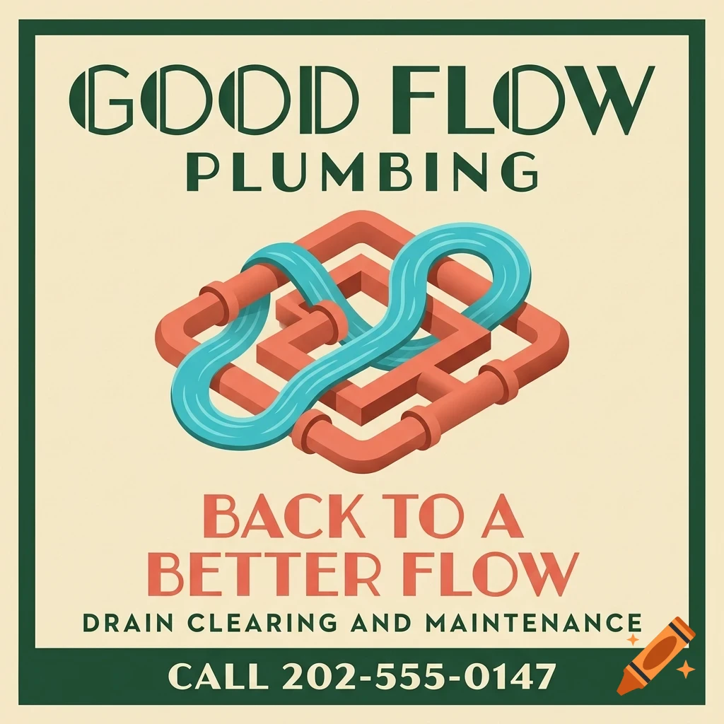 An advertisement for Good Flow Plumbing featuring an isometric illustration of red pipes with flowing blue water.