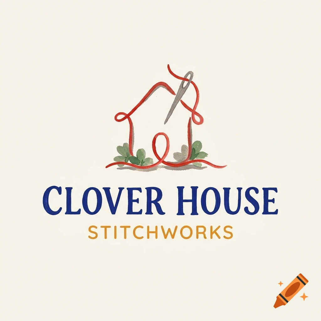 A logo featuring a house outline made of red thread and a needle, with green leaves at the base, above the blue and yellow text Clover House Stitchworks.
