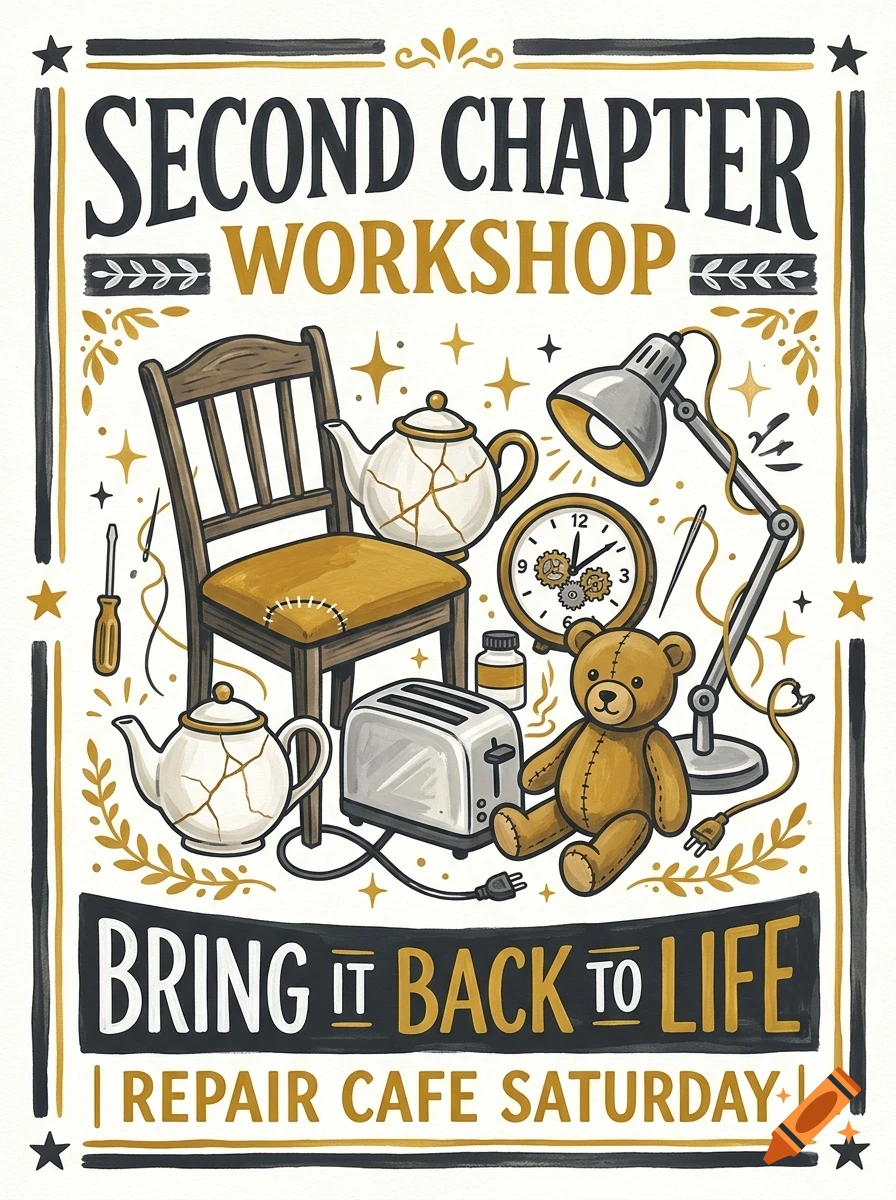 An illustrated poster for a repair workshop featuring a chair with a patched seat, cracked teapots, a broken clock, a teddy bear, a toaster, a lamp, and text that reads Second Chapter Workshop and Bring it back to life.