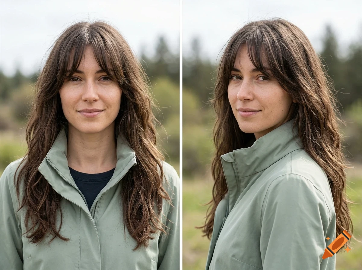 Two-panel portrait of a woman with long brown hair and bangs, wearing a green jacket outdoors.
